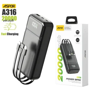 ASPOR A316 20000 MAH 22.5W HIGH SPEED BUILT IN CABLE FAST CHARGING POWER BANK BLACK