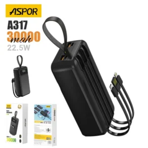 ASPOR A317 22.5W 30000 MAH FAST CHARGING POWER BANK WITH 3 CABLES BLACK