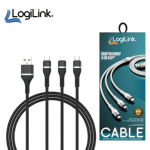 LOGILINK 3IN1 USB TO MICRO/TYPE C/IPHONE NYLON DATA CABLE 6A FAST CHARGING 1M (1 YEAR WARRANTY)