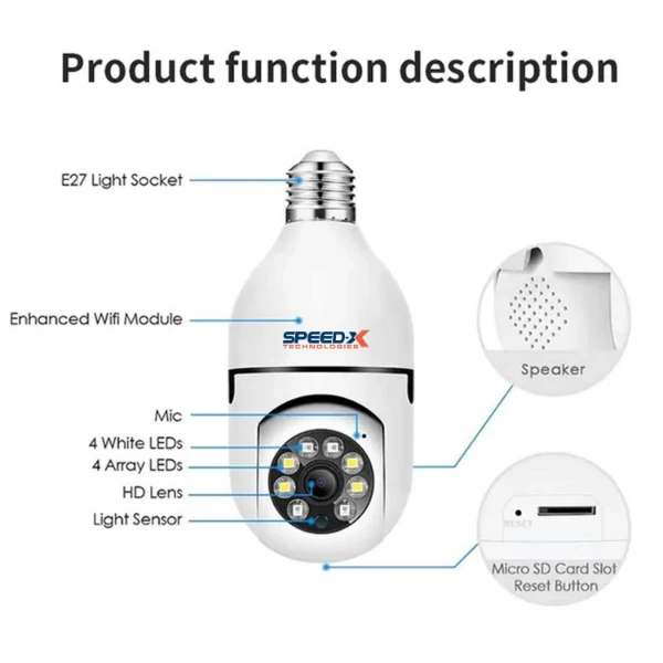 Speed-x Sp-e27 Bulb Camera 1080p Wifi 360 Degree Panoramic Night Vision Two-way Audio Motion Detection With V380pro App - Image 4