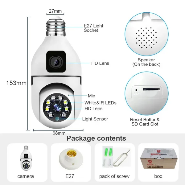 SPEED-X Sp-e28-2 DUAL LENS BULB CAMERA 1080P WIFI PANORAMIC NIGHT VISION MOTION DETECTION WITH V380 PRO APP - Image 4