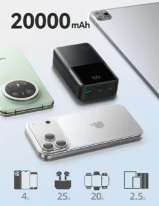Joyroom JR-QP192 Mini 20000mAh portable power bank with 22.5W fast charging beside smartphones, highlighting high-capacity battery backup.