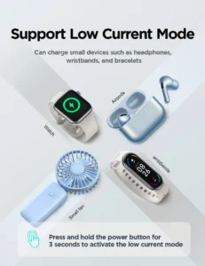 Joyroom JR-QP192 Mini power bank supporting low current charging mode for smartwatches, wireless earbuds, fitness bands, and other low-power devices.