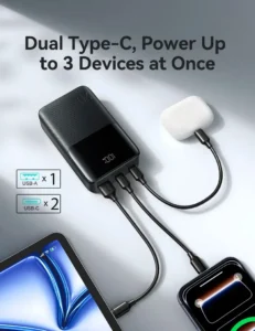 Joyroom JR-QP192 Mini 20000mAh Power Bank charging three devices simultaneously via dual USB-C and USB-A fast charging ports.