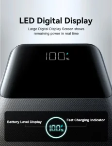 LED digital display on Joyroom JR-QP192 Mini 22.5W fast charging power bank showing real-time battery percentage and charging status.